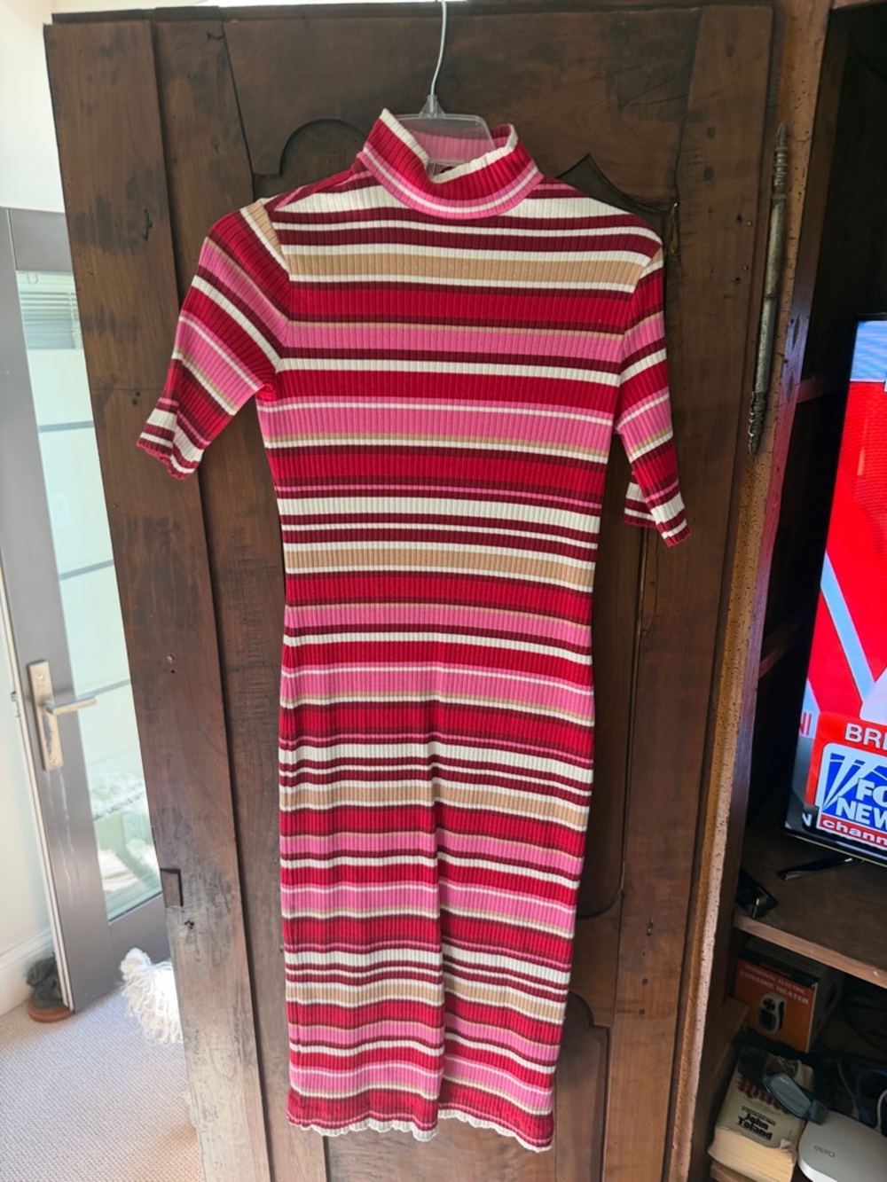 Vineyard Vines Pink Red Cream Striped Ribbed Midi Dress with Mock Neck